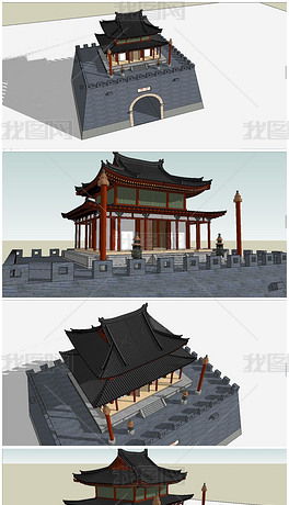中式传统风格仿古建筑鼓楼SU模型素材设计模型下载
