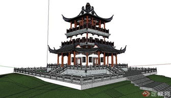 某仿古木构万卷阁建筑设计方案su模型